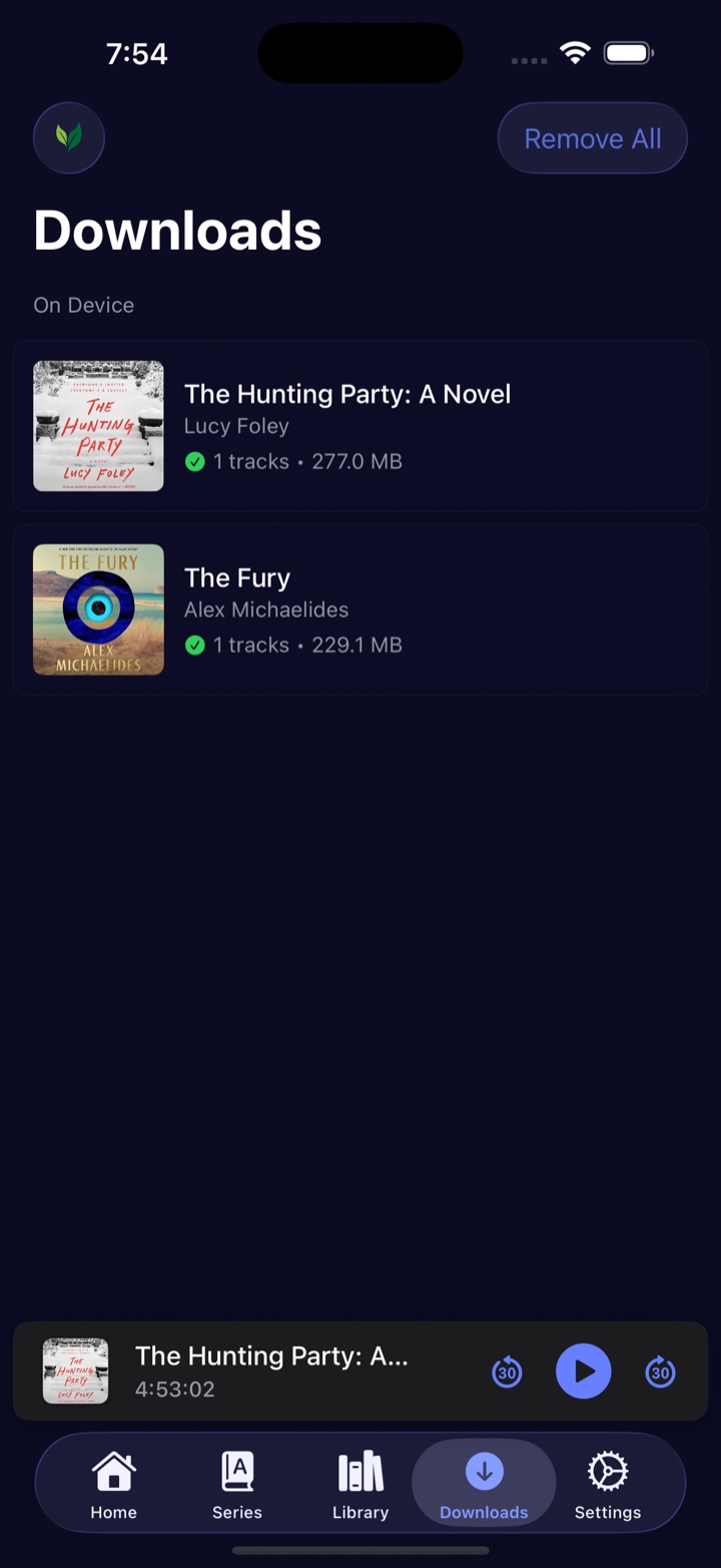 The SoundLeaf Downloads screen listing two books, each with a green tick, a track count and a file size