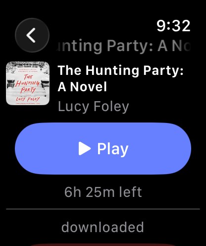 A downloaded audiobook on the SoundLeaf watch app with cover art, a Play button, time remaining and the word downloaded
