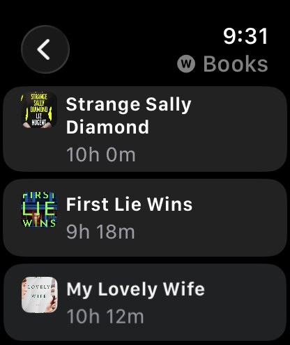 The Books list in the SoundLeaf Apple Watch app, each book with its cover art and length