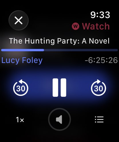 The SoundLeaf Apple Watch player with skip back 30, pause, skip forward 30, a speed control, volume and a chapter list button