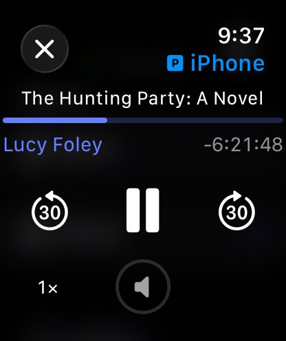 The SoundLeaf watch remote screen marked iPhone, showing the book playing on the phone with skip, pause and speed controls