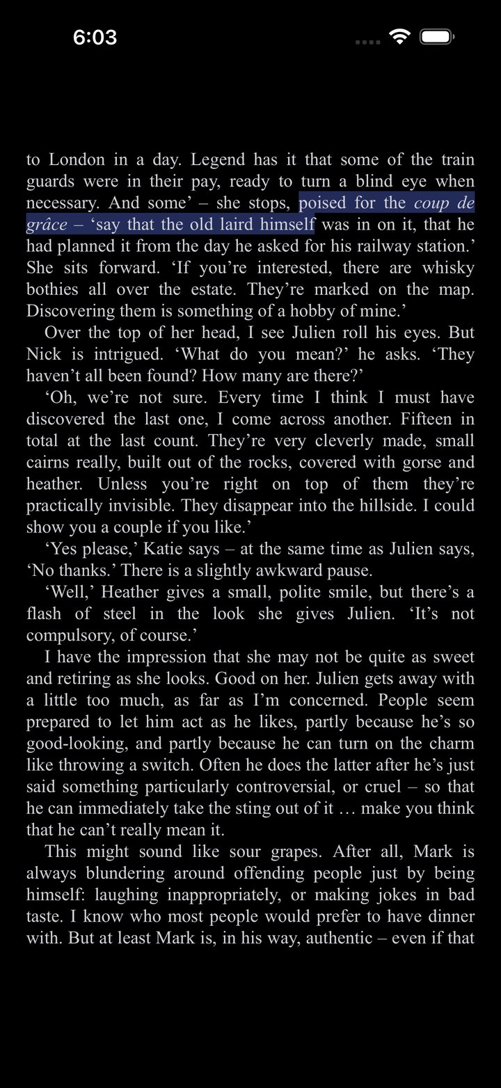 The SoundLeaf reader after Go to Position, with the sentence the narrator is reading highlighted mid-paragraph