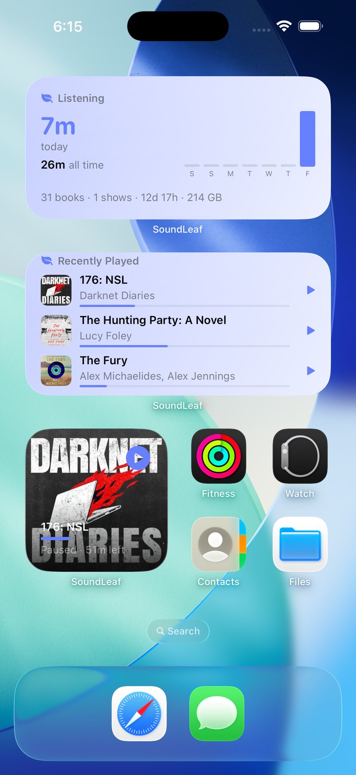 An iPhone home screen with the SoundLeaf Listening widget showing today's time and a weekly bar chart, above the Recently Played widget listing a podcast episode and two books
