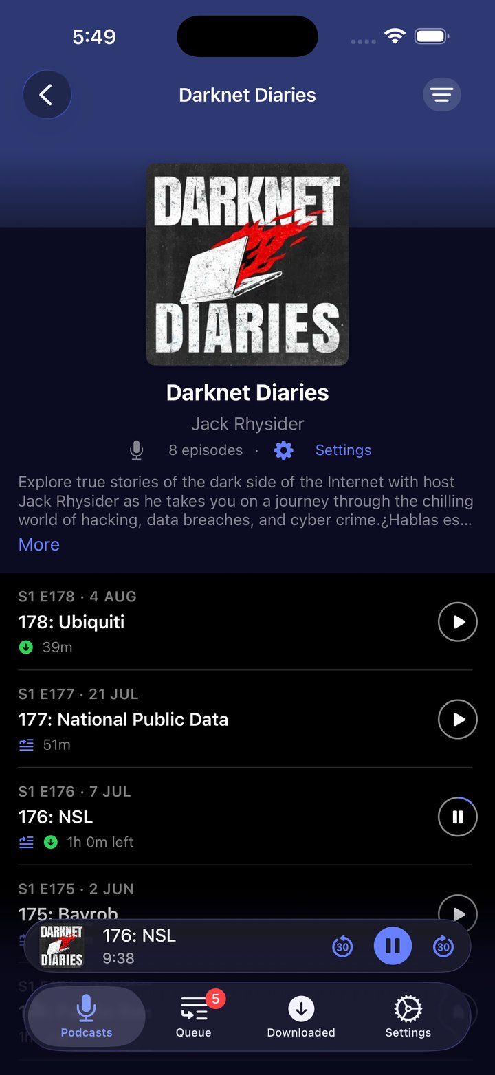 A podcast episode list in SoundLeaf with download and transcript marks on the rows and one episode playing