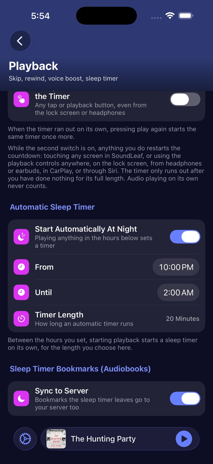 The Playback settings screen with the Automatic Sleep Timer group: Start Automatically At Night on, From 10:00 PM, Until 2:00 AM, Timer Length 20 minutes