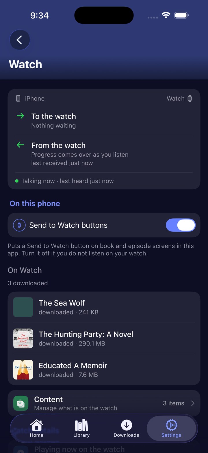 The Watch screen in SoundLeaf settings showing a To the watch lane reading nothing waiting, a From the watch lane reading progress comes over as you listen, a green Talking now dot, and the books on the watch with their sizes