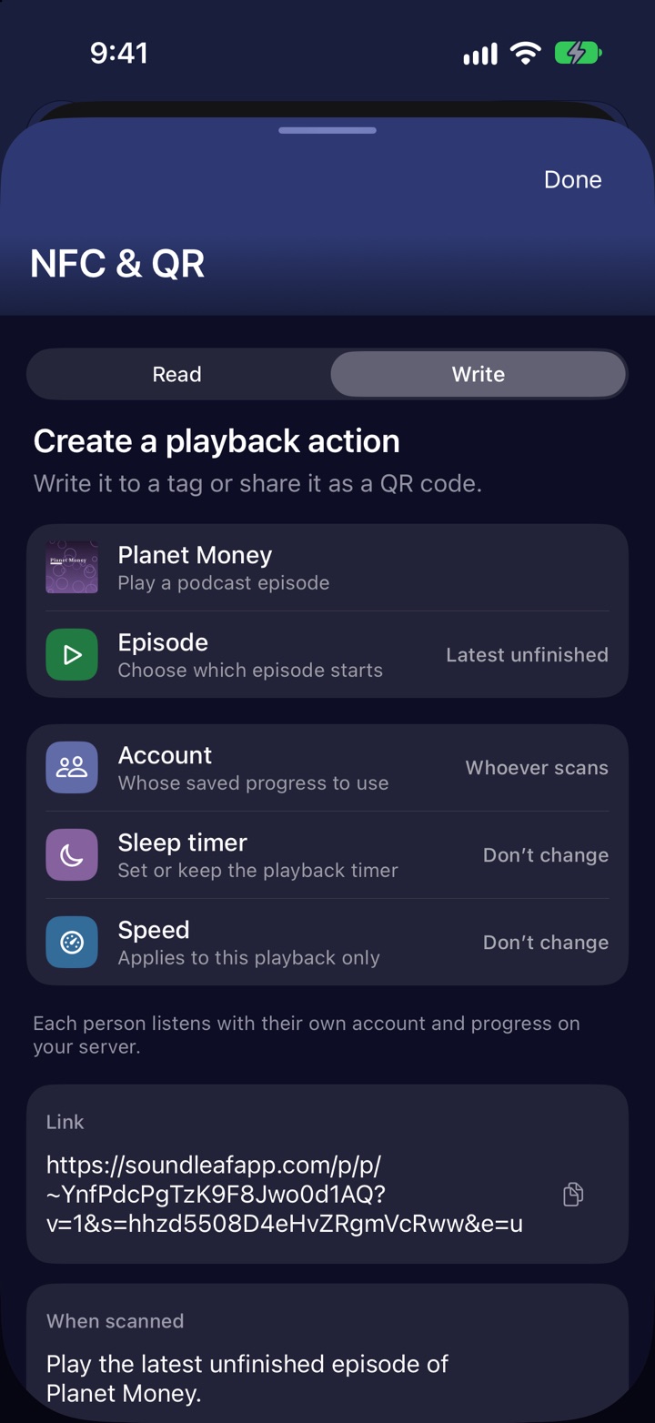 The NFC and QR screen opened from a podcast, with the Episode choice set to Latest unfinished and Account set to Whoever scans