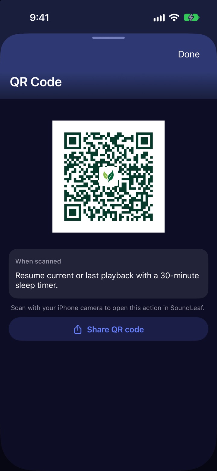 A SoundLeaf QR code with the app icon in the middle, the When scanned card underneath and a Share QR code button