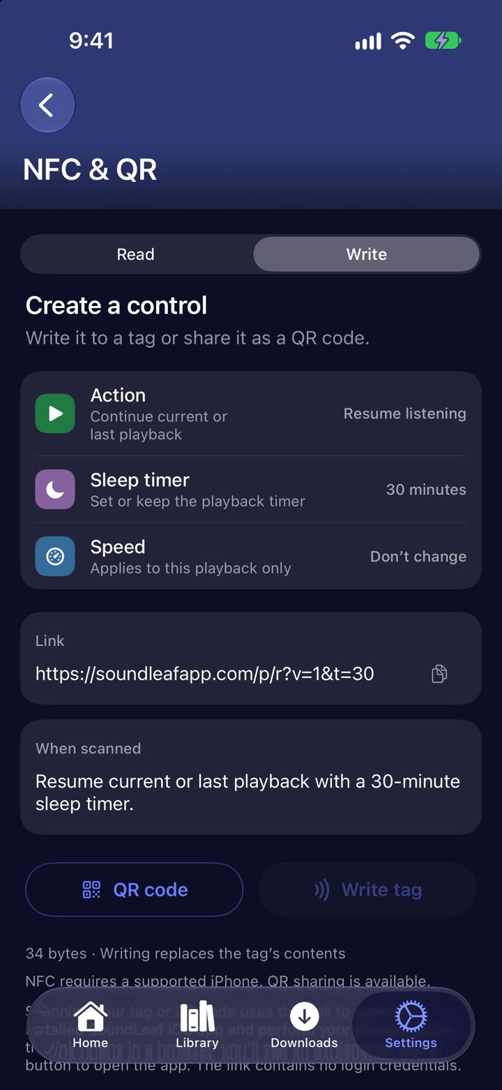 The SoundLeaf NFC and QR screen on the Write tab, with Action set to Resume listening and a 30-minute sleep timer