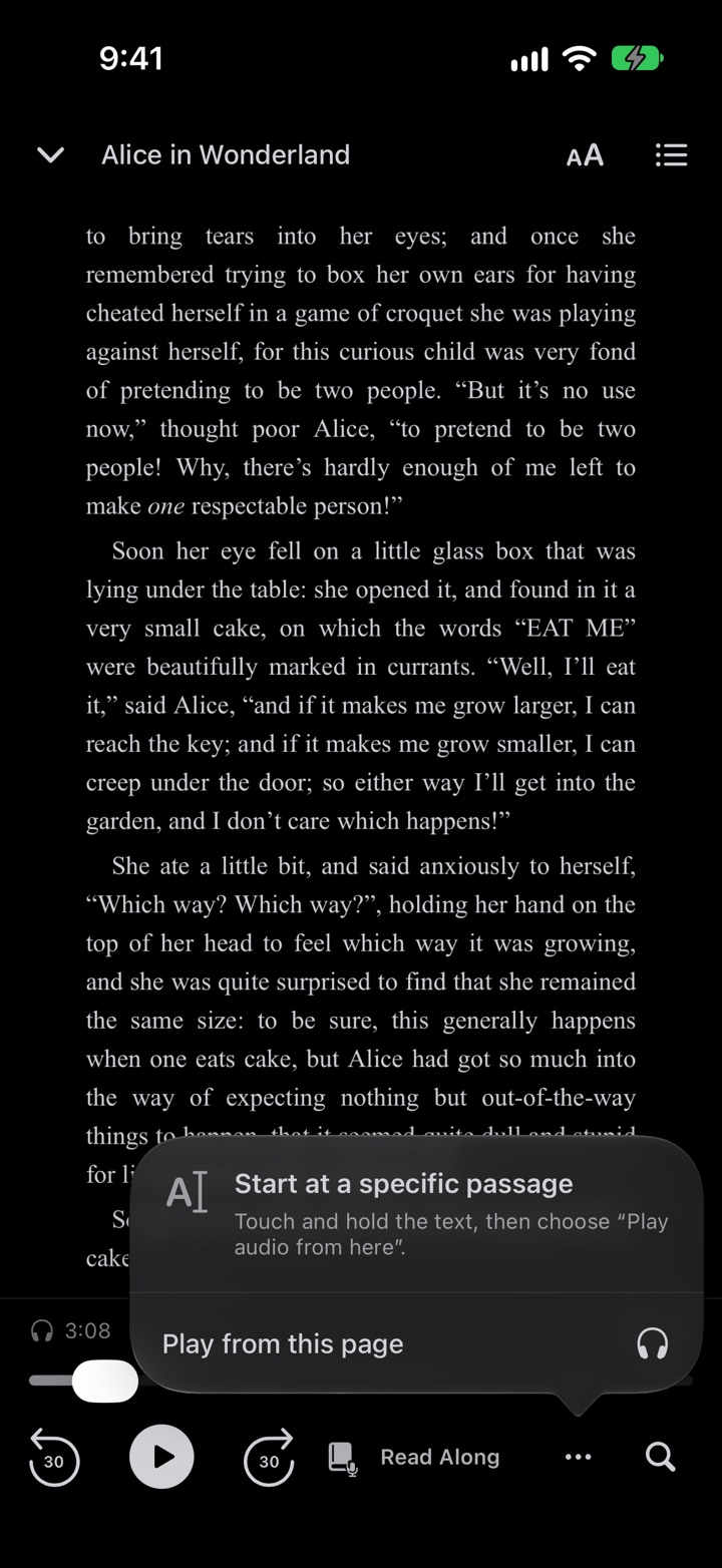 The reader's Read Along actions menu with Play from this page and a tip about selecting text