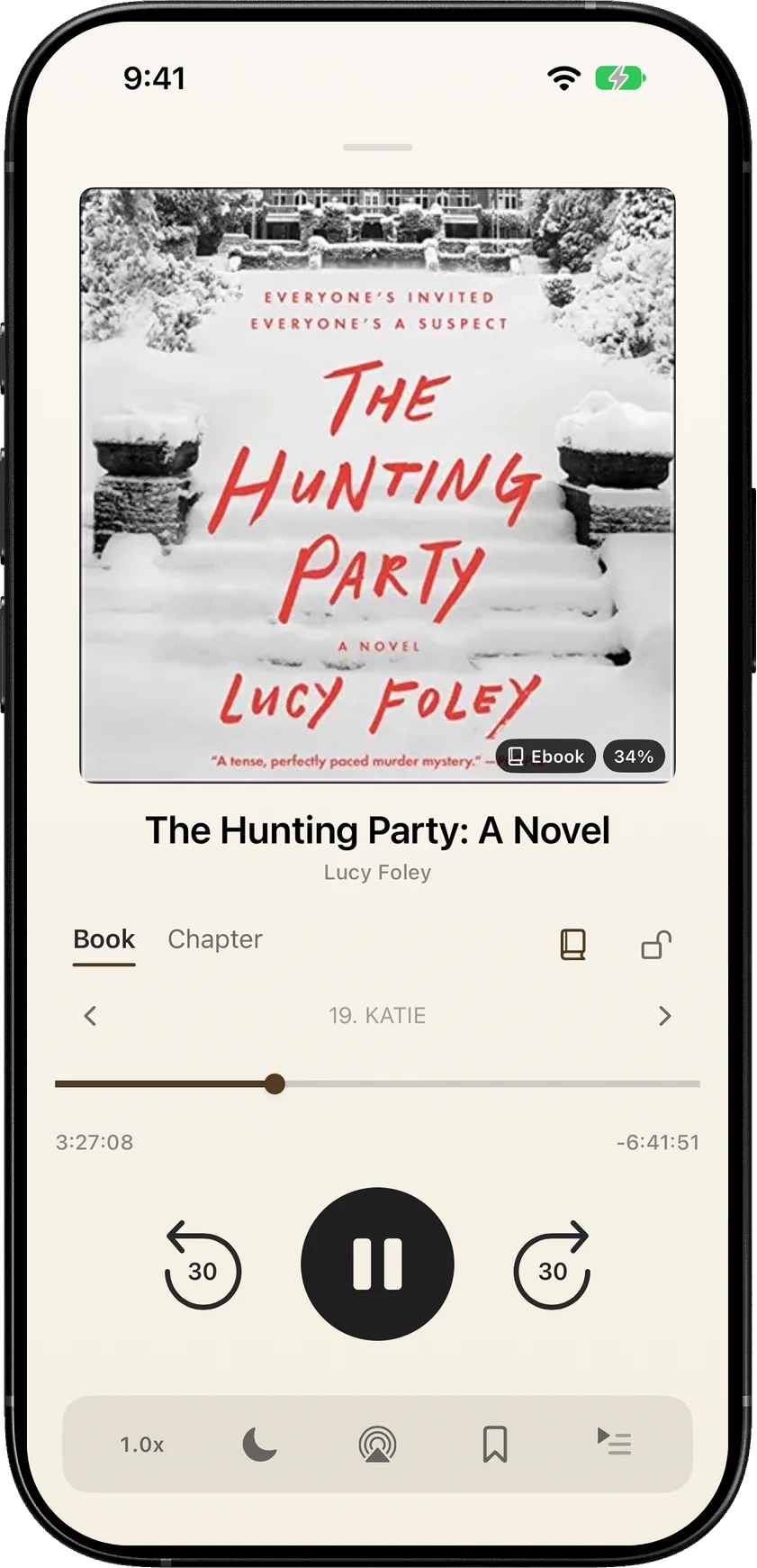 The SoundLeaf player playing The Hunting Party by Lucy Foley