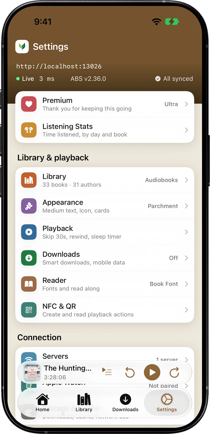 SoundLeaf settings showing the server online, its ping and version