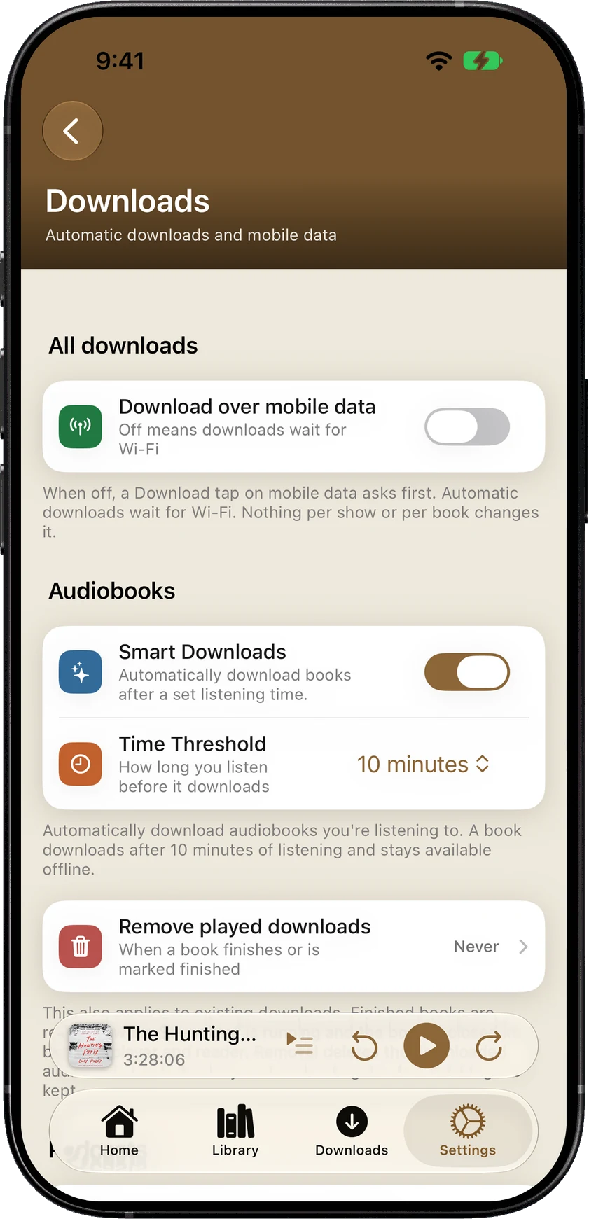 The Downloads settings with Smart Downloads and its time threshold