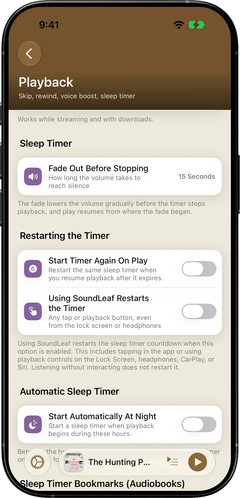 Playback settings with the automatic sleep timer