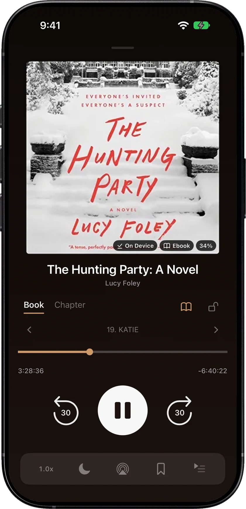 The SoundLeaf player playing The Hunting Party by Lucy Foley