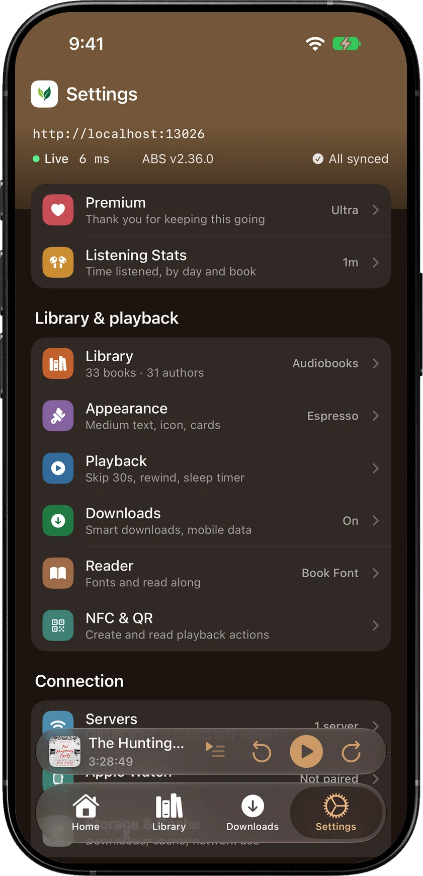 SoundLeaf settings showing the server online, its ping and version