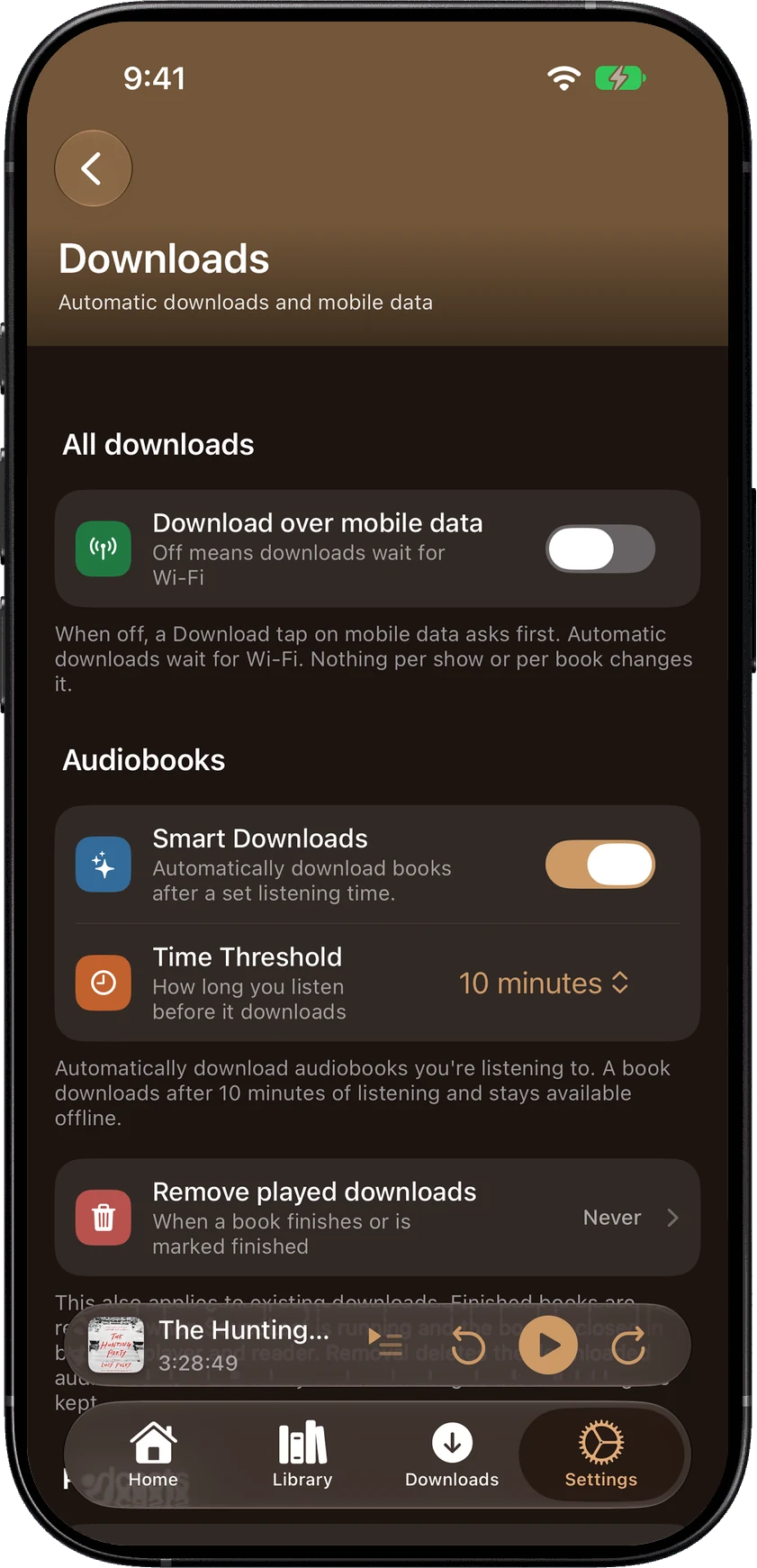 The Downloads settings with Smart Downloads and its time threshold