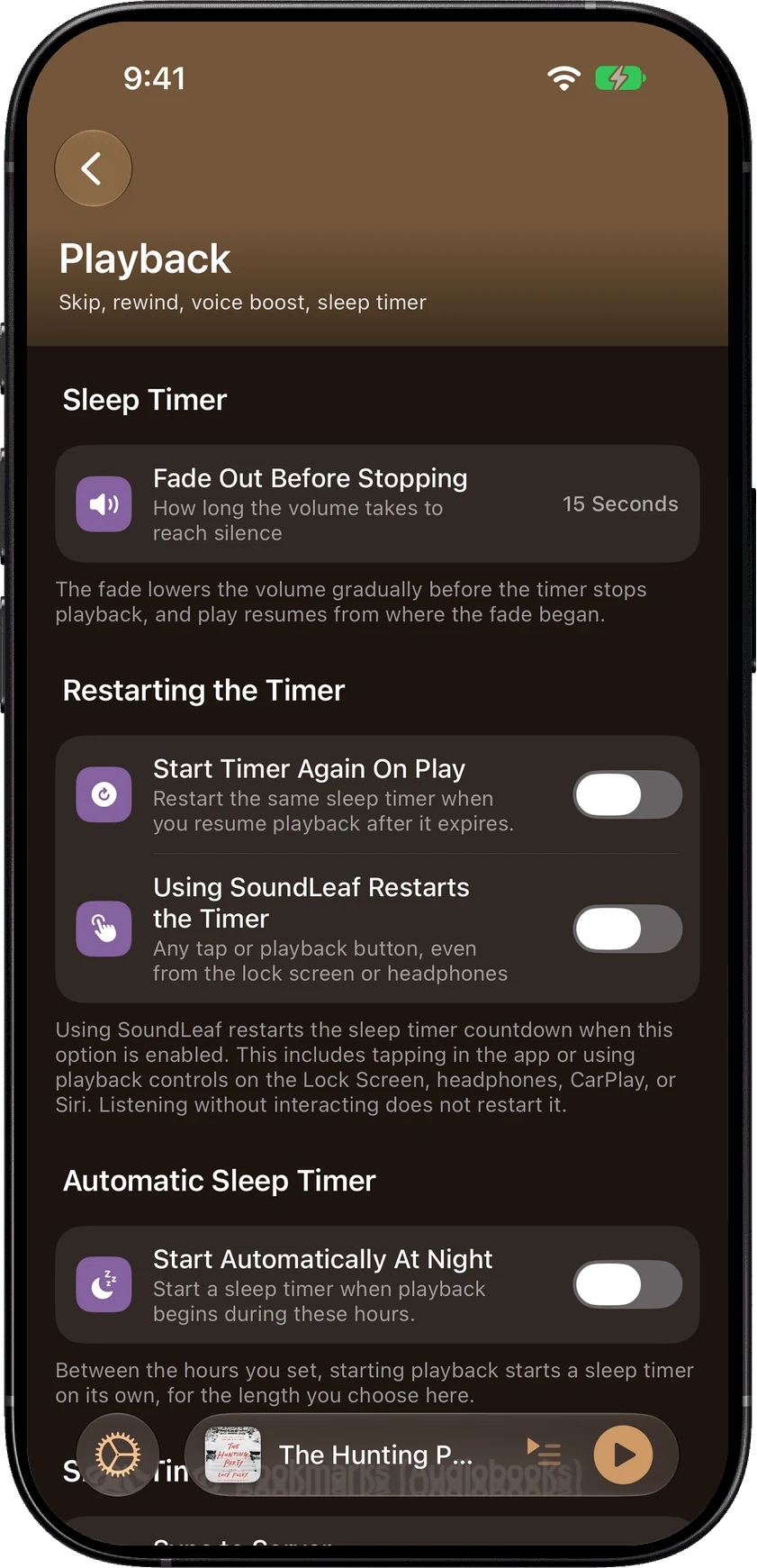 Playback settings with the automatic sleep timer
